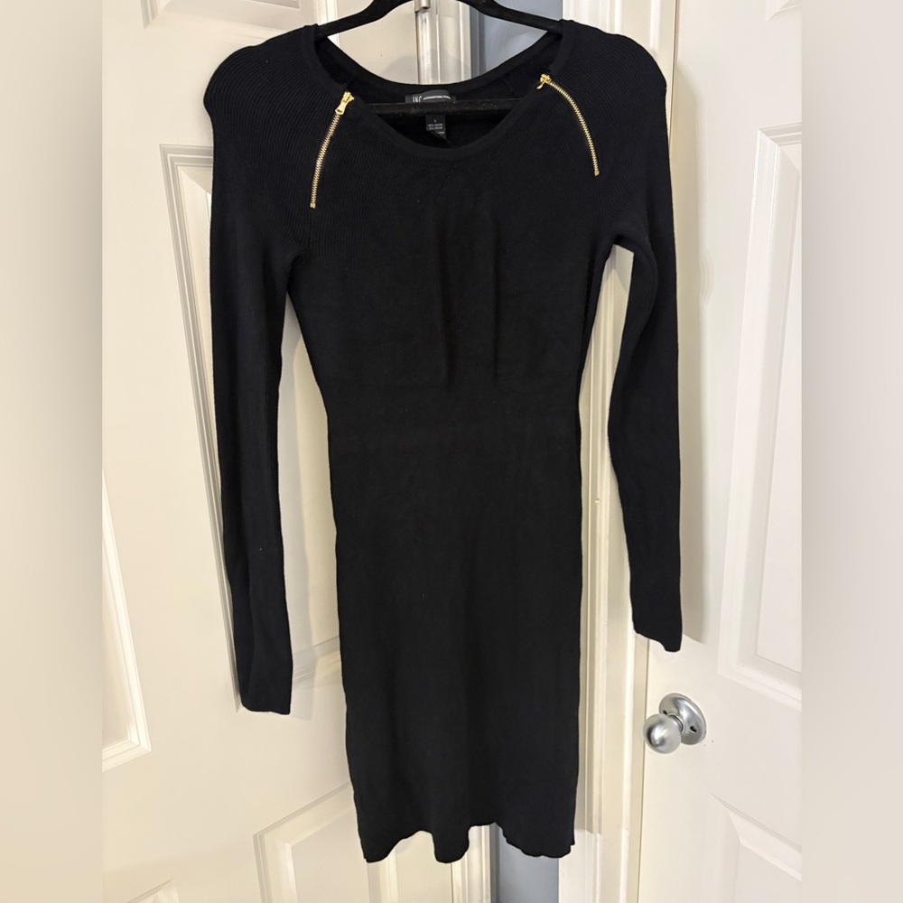 INC International Concepts Black Long Sleeve Ribbed Knit Dress with Gold Zippers